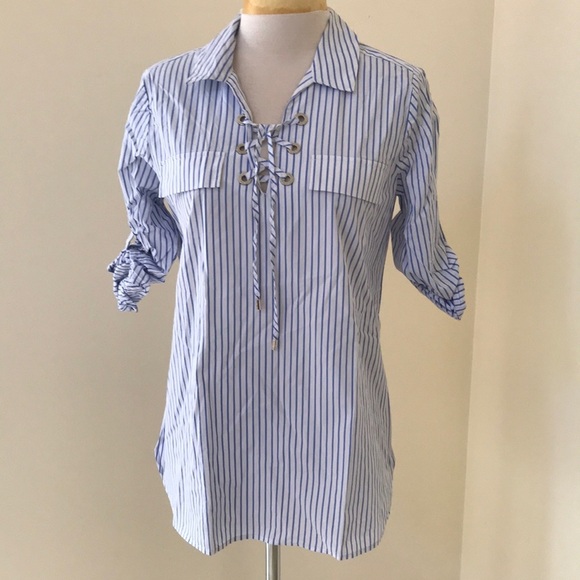 Calvin Klein Tops - Calvin Klein white /blue striped lace up top .